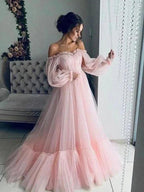 A-Line/Elegant Tulle Applique Off-the-Shoulder Long Sleeves Floor-Length Prom Dresses by misshow.com