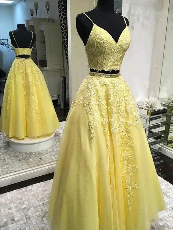 A-Line/Elegant Tulle Applique Sleeveless V-neck Floor-Length Two Piece Prom Dresses by misshow.com