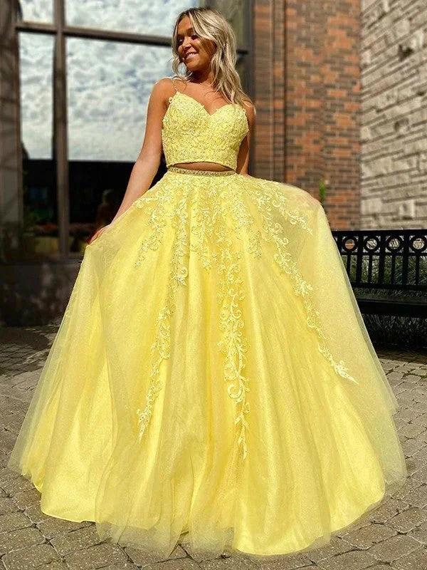 A-Line/Elegant Tulle Applique Sleeveless V-neck Floor-Length Two Piece Prom Dresses by misshow.com