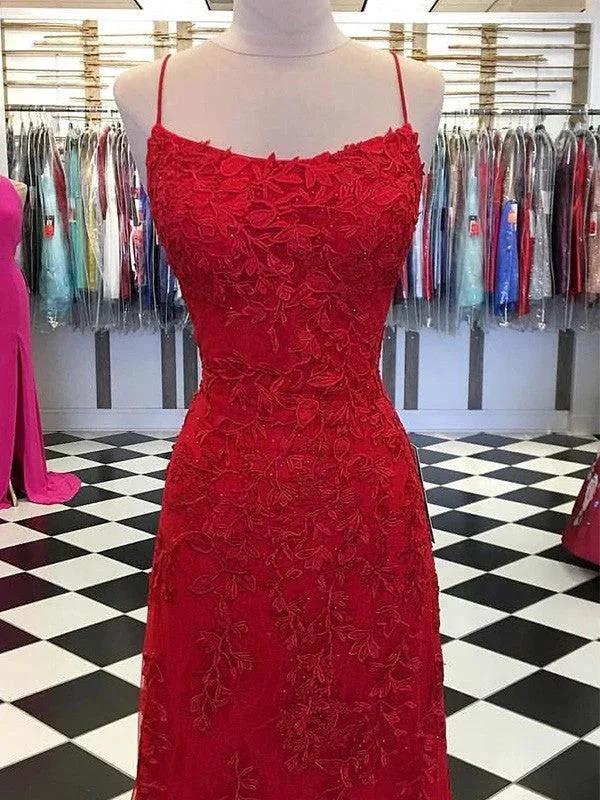 A-Line/Elegant Tulle Applique Spaghetti Straps Sleeveless Prom Dresses by misshow.com