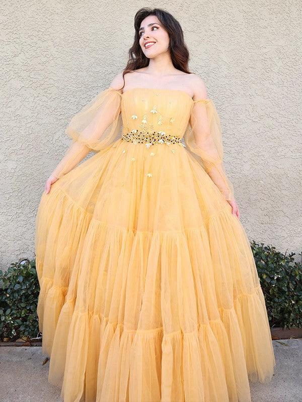A-Line/Elegant Tulle Beading Off-the-Shoulder Long Sleeves Floor-Length Prom Dresses by misshow.com
