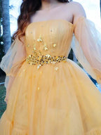 A-Line/Elegant Tulle Beading Off-the-Shoulder Long Sleeves Floor-Length Prom Dresses by misshow.com