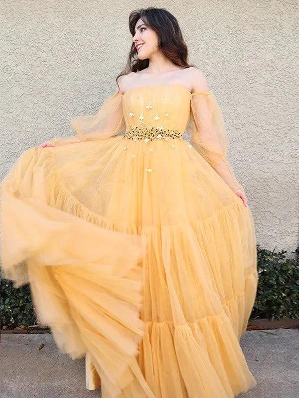 A-Line/Elegant Tulle Beading Off-the-Shoulder Long Sleeves Floor-Length Prom Dresses by misshow.com