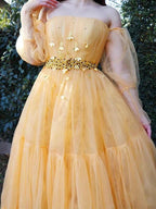 A-Line/Elegant Tulle Beading Off-the-Shoulder Long Sleeves Floor-Length Prom Dresses by misshow.com