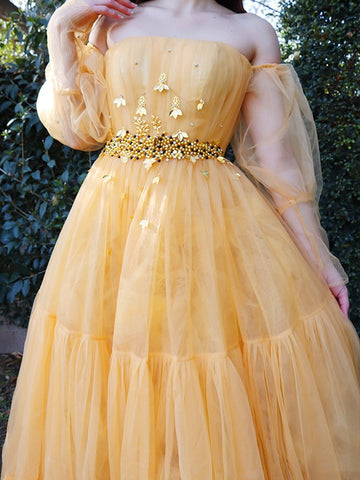 A-Linie/Elegant Tüll Perlen verziert Off-the-Shoulder Lange Ärmel Bodenlang Ballkleider