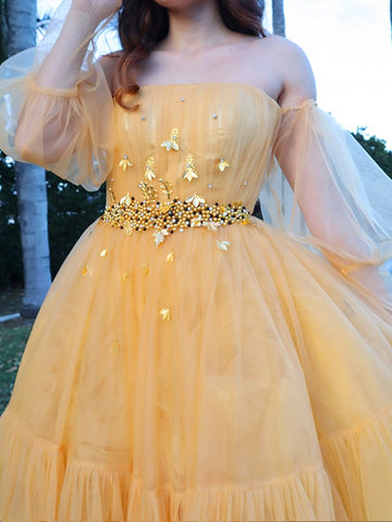 A-Linie/Elegant Tüll Perlen verziert Off-the-Shoulder Lange Ärmel Bodenlang Ballkleider