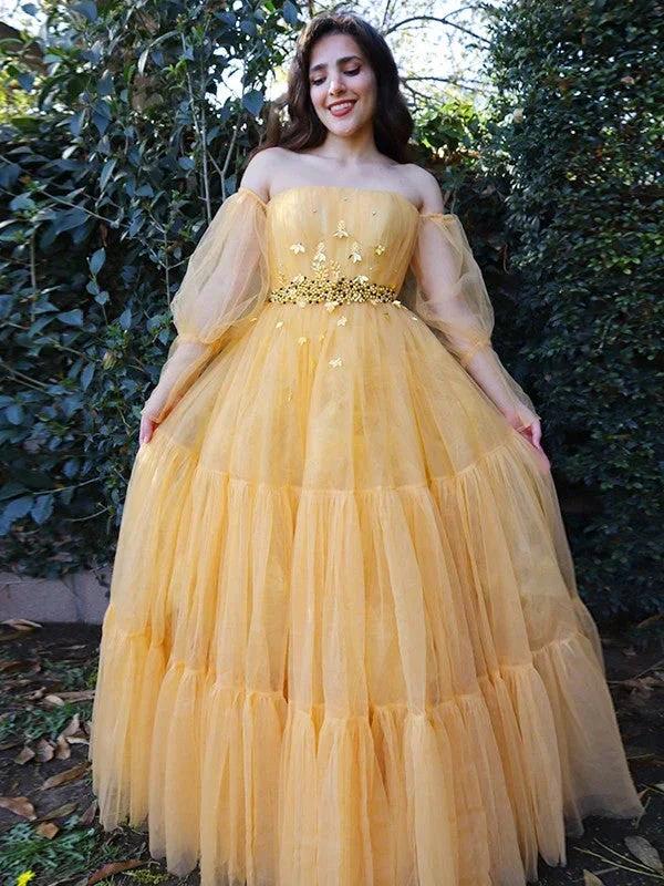 A-Line/Elegant Tulle Beading Off-the-Shoulder Long Sleeves Floor-Length Prom Dresses by misshow.com