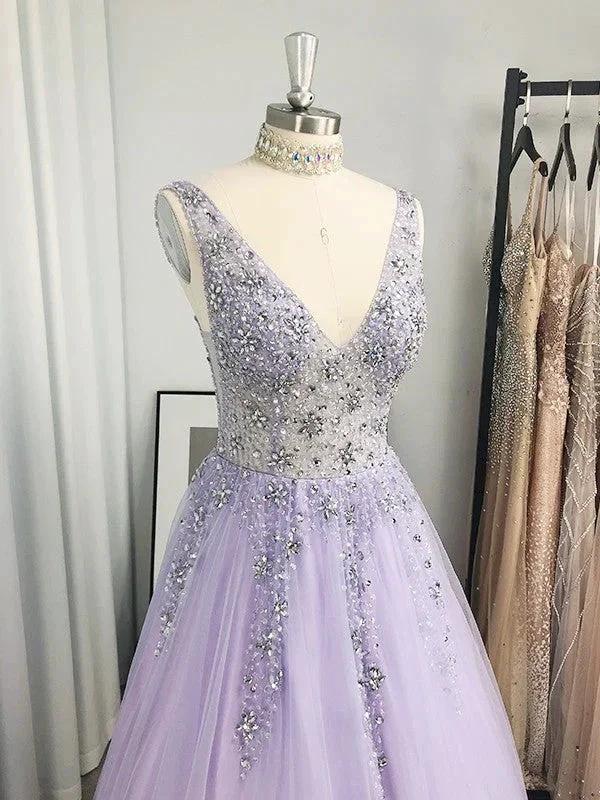 A-Line/Elegant Tulle Beading V-neck Sleeveless Floor-Length Prom Dresses by misshow.com