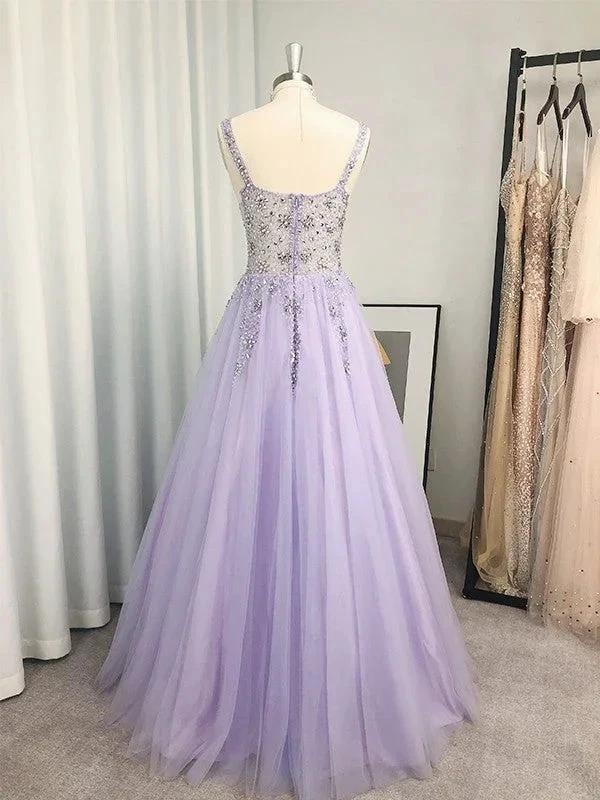 A-Line/Elegant Tulle Beading V-neck Sleeveless Floor-Length Prom Dresses by misshow.com