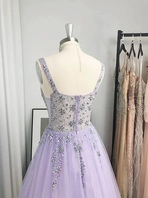 A-Line/Elegant Tulle Beading V-neck Sleeveless Floor-Length Prom Dresses by misshow.com