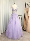 A-Line/Elegant Tulle Beading V-neck Sleeveless Floor-Length Prom Dresses by misshow.com