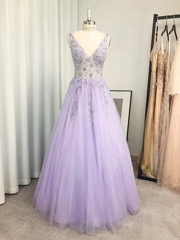 A-Line/Elegant Tulle Beading V-neck Sleeveless Floor-Length Prom Dresses by misshow.com