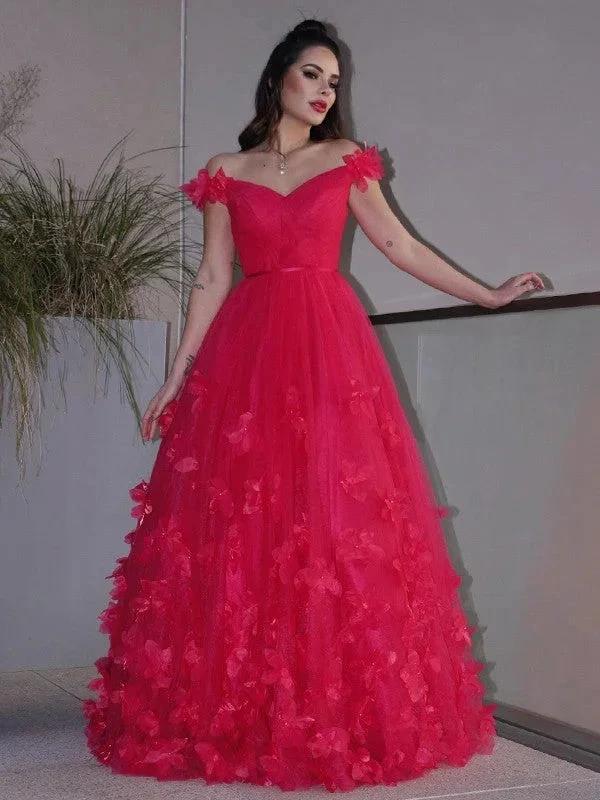 A-Line/Elegant Tulle Hand-Made Flower Off-the-Shoulder Sleeveless Floor-Length Prom Dresses by misshow.com