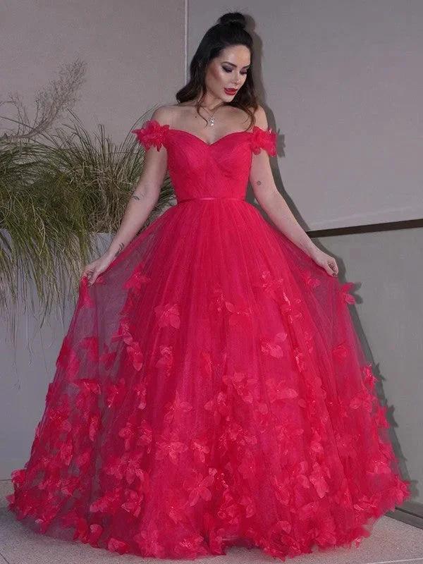 A-Line/Elegant Tulle Hand-Made Flower Off-the-Shoulder Sleeveless Floor-Length Prom Dresses by misshow.com
