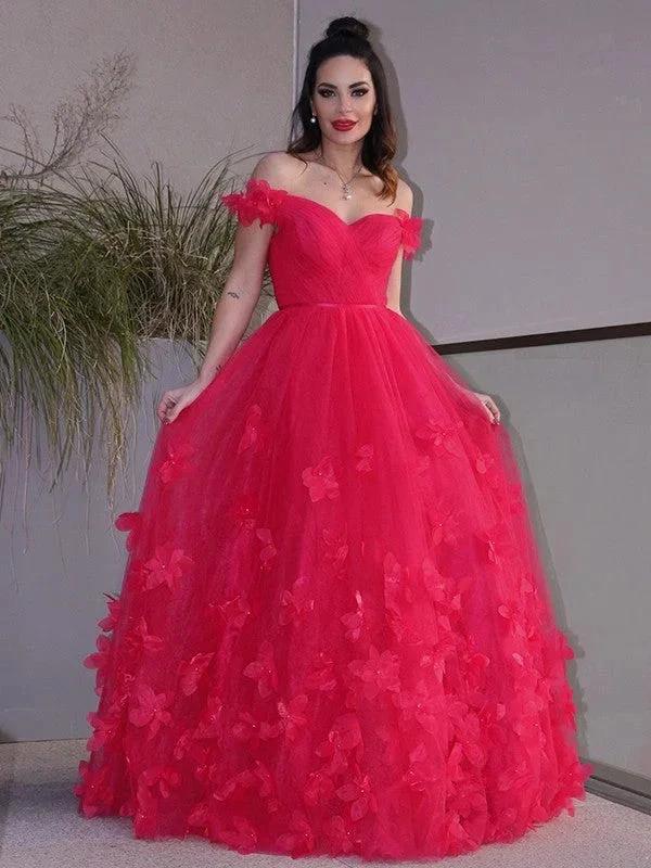 A-Line/Elegant Tulle Hand-Made Flower Off-the-Shoulder Sleeveless Floor-Length Prom Dresses by misshow.com