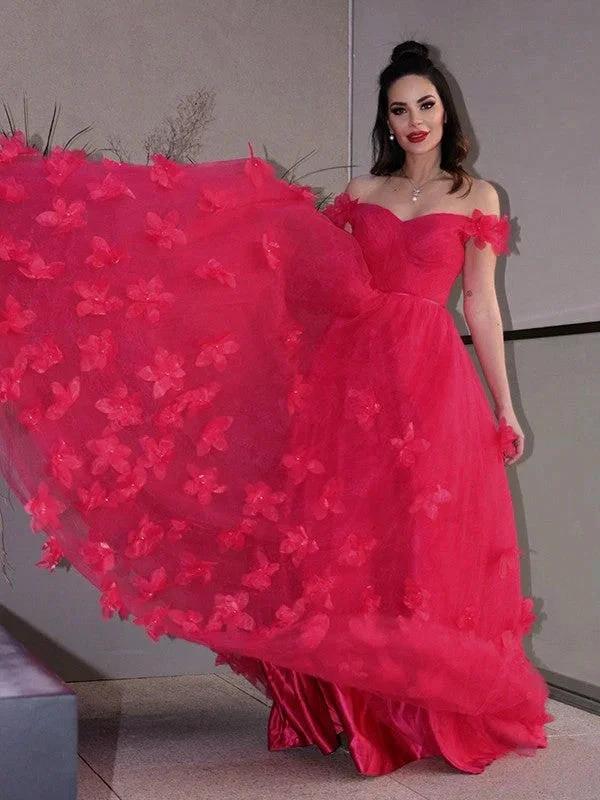 A-Line/Elegant Tulle Hand-Made Flower Off-the-Shoulder Sleeveless Floor-Length Prom Dresses by misshow.com