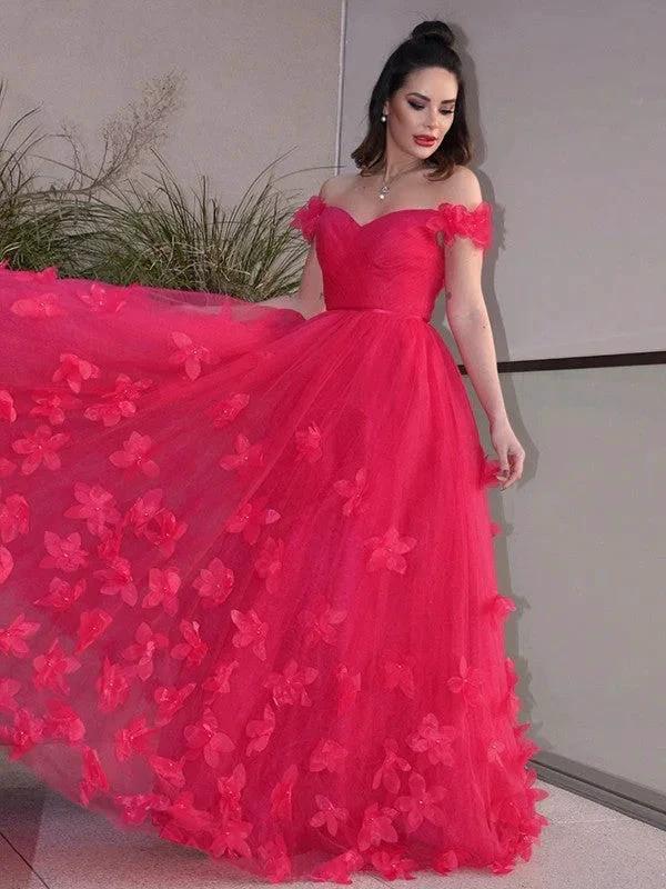 A-Line/Elegant Tulle Hand-Made Flower Off-the-Shoulder Sleeveless Floor-Length Prom Dresses by misshow.com