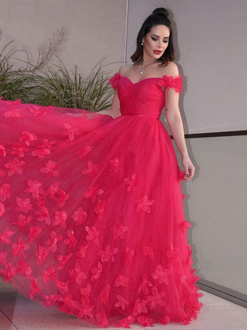 A-Linie/Elegant Tüll Handgemachte Blume Off-the-Shoulder Ärmellos Bodenlang Ballkleider