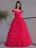 A-Line/Elegant Tulle Hand-Made Flower Off-the-Shoulder Sleeveless Floor-Length Prom Dresses by misshow.com