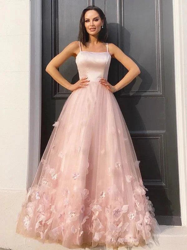 A-Line/Elegant Tulle Hand-Made Flower Straps Floor-Length Sleeveless Prom Dresses by misshow.com