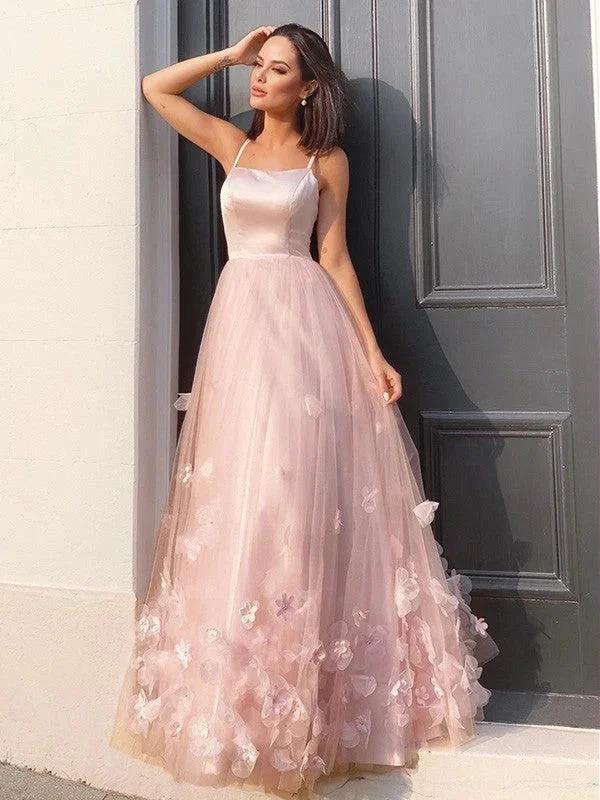 A-Line/Elegant Tulle Hand-Made Flower Straps Floor-Length Sleeveless Prom Dresses by misshow.com