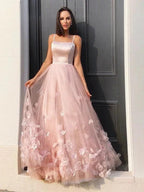 A-Line/Elegant Tulle Hand-Made Flower Straps Floor-Length Sleeveless Prom Dresses by misshow.com