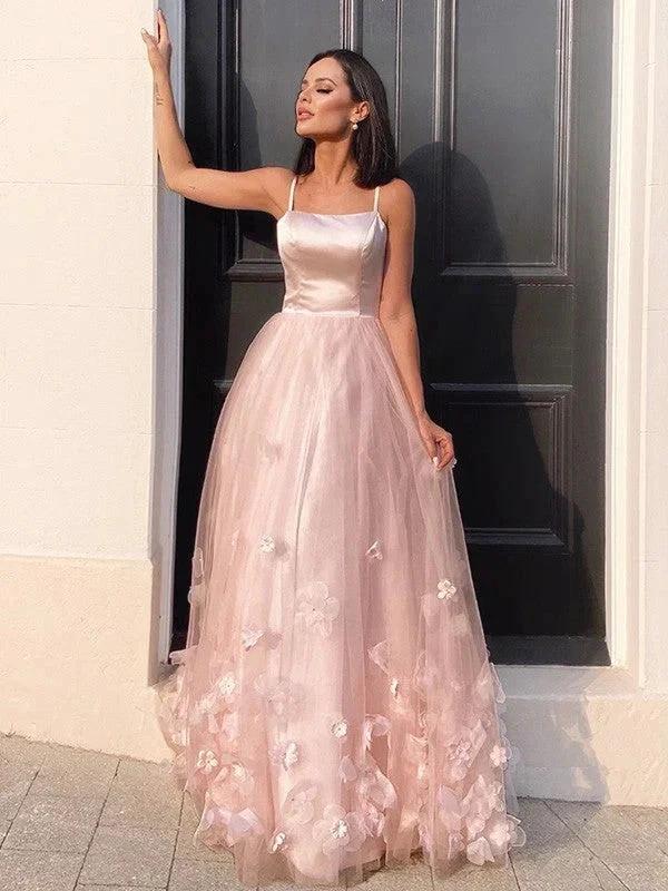 A-Line/Elegant Tulle Hand-Made Flower Straps Floor-Length Sleeveless Prom Dresses by misshow.com