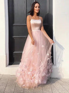 A-Line/Elegant Tulle Hand-Made Flower Straps Floor-Length Sleeveless Prom Dresses by misshow.com