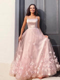 A-Line/Elegant Tulle Hand-Made Flower Straps Floor-Length Sleeveless Prom Dresses by misshow.com