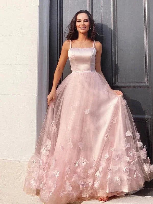A-Line/Elegant Tulle Hand-Made Flower Straps Floor-Length Sleeveless Prom Dresses by misshow.com