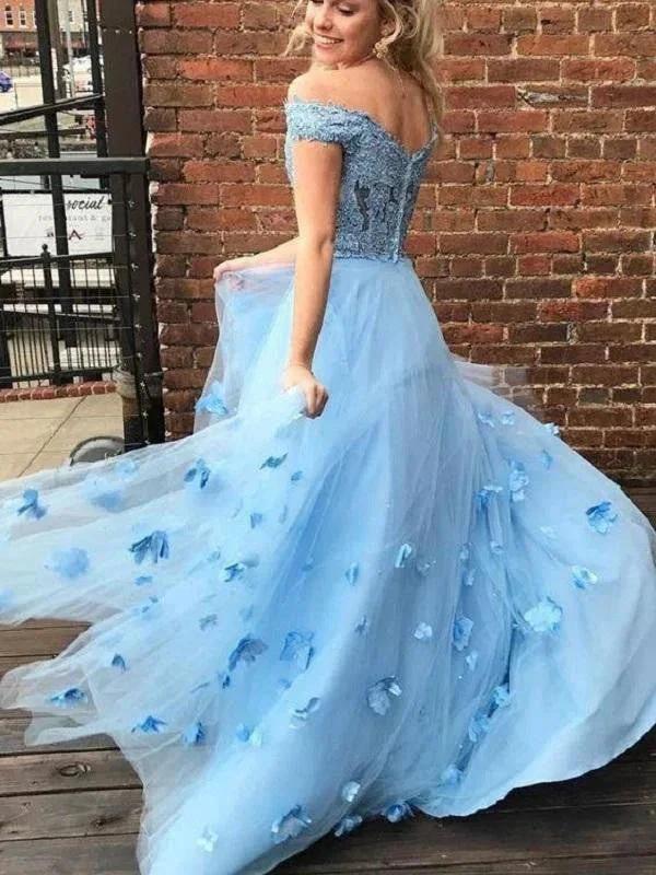 A-Line/Elegant Tulle Off-the-Shoulder Applique Sleeveless Floor-Length Prom Dresses by misshow.com