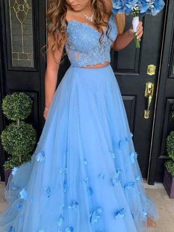 A-Line/Elegant Tulle Off-the-Shoulder Applique Sleeveless Floor-Length Prom Dresses by misshow.com