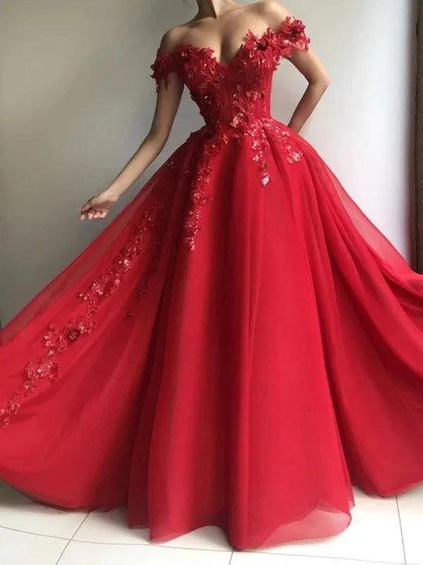 A-Line/Elegant Tulle Off-the-Shoulder Sleeveless Applique Floor-Length Prom Dresses by misshow.com