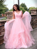 A-Line/Elegant Tulle Ruched Sleeveless V-neck Prom Dresses by misshow.com