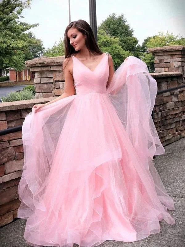 A-Line/Elegant Tulle Ruched Sleeveless V-neck Prom Dresses by misshow.com