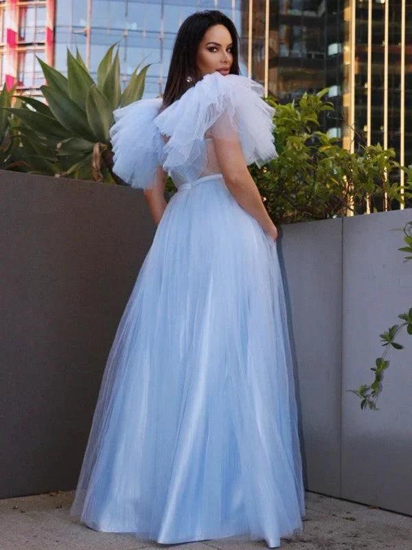 A-Line/Elegant Tulle Ruffles Square Short Sleeves Floor-Length Prom Dresses by misshow.com
