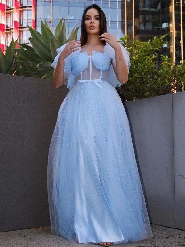 A-Line/Elegant Tulle Ruffles Square Short Sleeves Floor-Length Prom Dresses by misshow.com