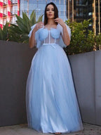 A-Line/Elegant Tulle Ruffles Square Short Sleeves Floor-Length Prom Dresses by misshow.com