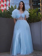 A-Line/Elegant Tulle Ruffles Square Short Sleeves Floor-Length Prom Dresses by misshow.com