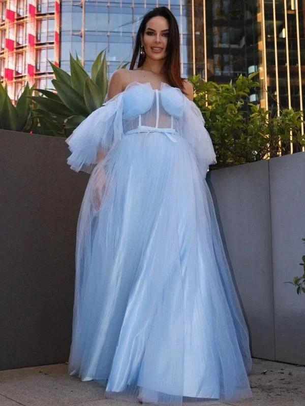 A-Line/Elegant Tulle Ruffles Square Short Sleeves Floor-Length Prom Dresses by misshow.com