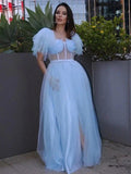 A-Line/Elegant Tulle Ruffles Square Short Sleeves Floor-Length Prom Dresses by misshow.com
