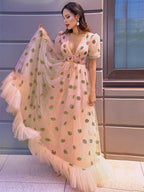 A-Line/Elegant Tulle Ruffles V-neck Short Sleeves Floor-Length Prom Dresses by misshow.com
