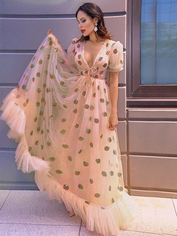 A-Line/Elegant Tulle Ruffles V-neck Short Sleeves Floor-Length Prom Dresses by misshow.com