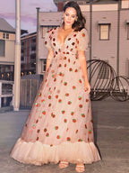 A-Line/Elegant Tulle Ruffles V-neck Short Sleeves Floor-Length Prom Dresses by misshow.com