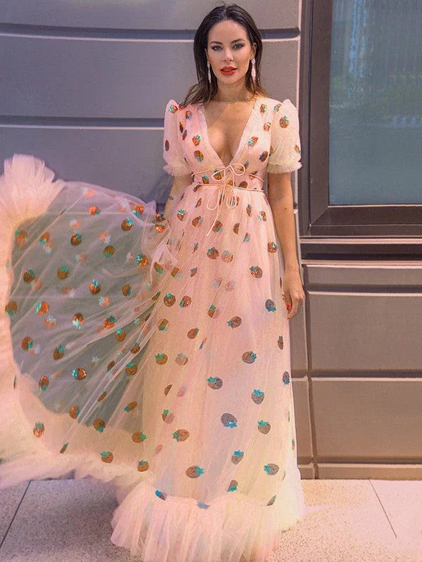 A-Line/Elegant Tulle Ruffles V-neck Short Sleeves Floor-Length Prom Dresses by misshow.com