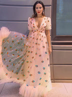 A-Line/Elegant Tulle Ruffles V-neck Short Sleeves Floor-Length Prom Dresses by misshow.com