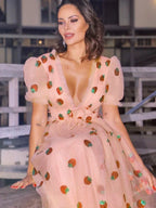 A-Line/Elegant Tulle Ruffles V-neck Short Sleeves Floor-Length Prom Dresses by misshow.com