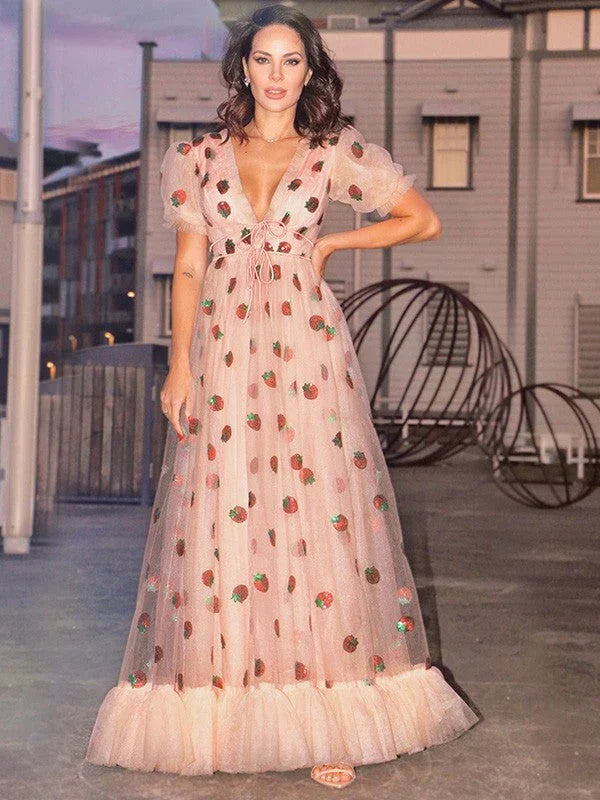 A-Line/Elegant Tulle Ruffles V-neck Short Sleeves Floor-Length Prom Dresses by misshow.com