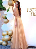 A-Line/Elegant Tulle Spaghetti Straps Sleeveless Beading Floor-Length Prom Dresses by misshow.com