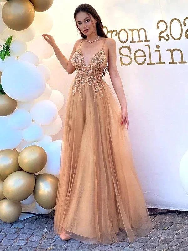 A-Line/Elegant Tulle Spaghetti Straps Sleeveless Beading Floor-Length Prom Dresses by misshow.com